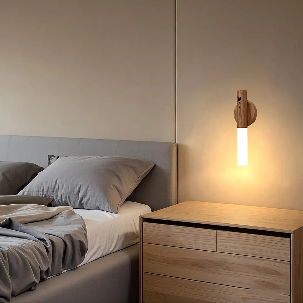 LANDGOO RGB Motion Sensor Night Light, Magnet Body Hallway Atmosphere Lamp, Battery Powered Rechargeable LED Portable Wooden Wall Sconce (RGB Ash Wood 1PC)