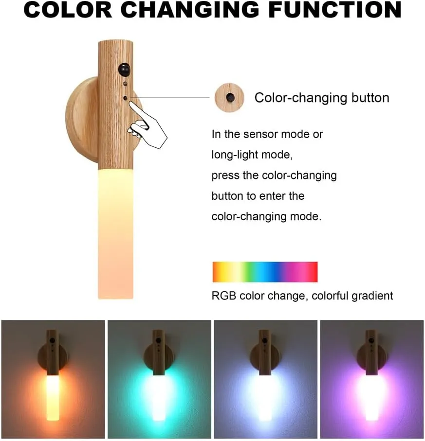 LANDGOO RGB Motion Sensor Night Light, Magnet Body Hallway Atmosphere Lamp, Battery Powered Rechargeable LED Portable Wooden Wall Sconce (RGB Ash Wood 1PC)