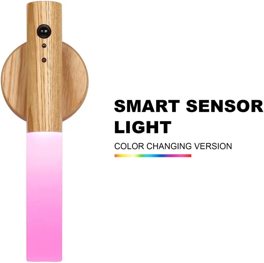LANDGOO RGB Motion Sensor Night Light, Magnet Body Hallway Atmosphere Lamp, Battery Powered Rechargeable LED Portable Wooden Wall Sconce (RGB Ash Wood 1PC)