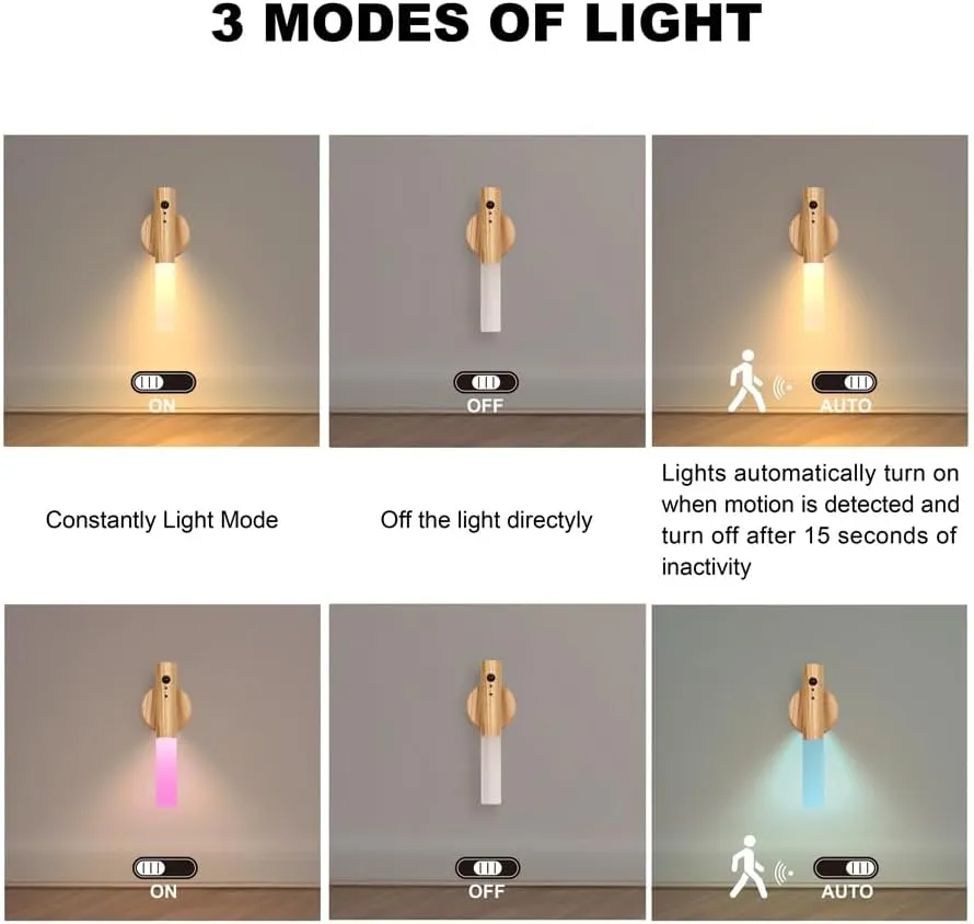 LANDGOO RGB Motion Sensor Night Light, Magnet Body Hallway Atmosphere Lamp, Battery Powered Rechargeable LED Portable Wooden Wall Sconce (RGB Ash Wood 1PC)