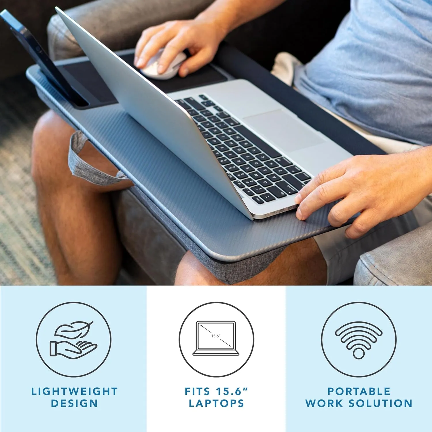 LAPGEAR Home Office Pro Lap Desk with Wrist Rest, Mouse Pad, and Phone Holder - Silver Carbon - Fits up to 15.6 Inch Laptops - Style No. 91615