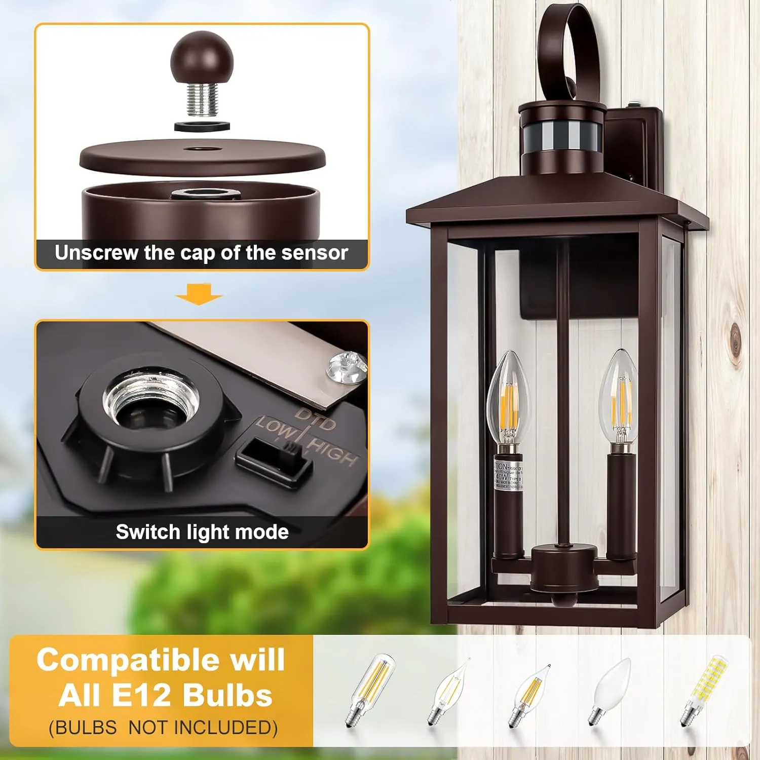 Large Exterior Sconce Motion Sensor, 18" Bronze Dusk to Dawn Exterior Light, 2-Light Brown Outdoor Light Fixture, Aluminum Outdoor Dusk to Dawn Light with E12 Socket for Porch, House, Door, Garage