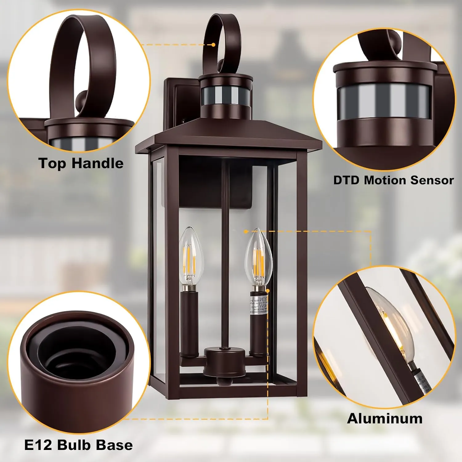 Large Exterior Sconce Motion Sensor, 18" Bronze Dusk to Dawn Exterior Light, 2-Light Brown Outdoor Light Fixture, Aluminum Outdoor Dusk to Dawn Light with E12 Socket for Porch, House, Door, Garage