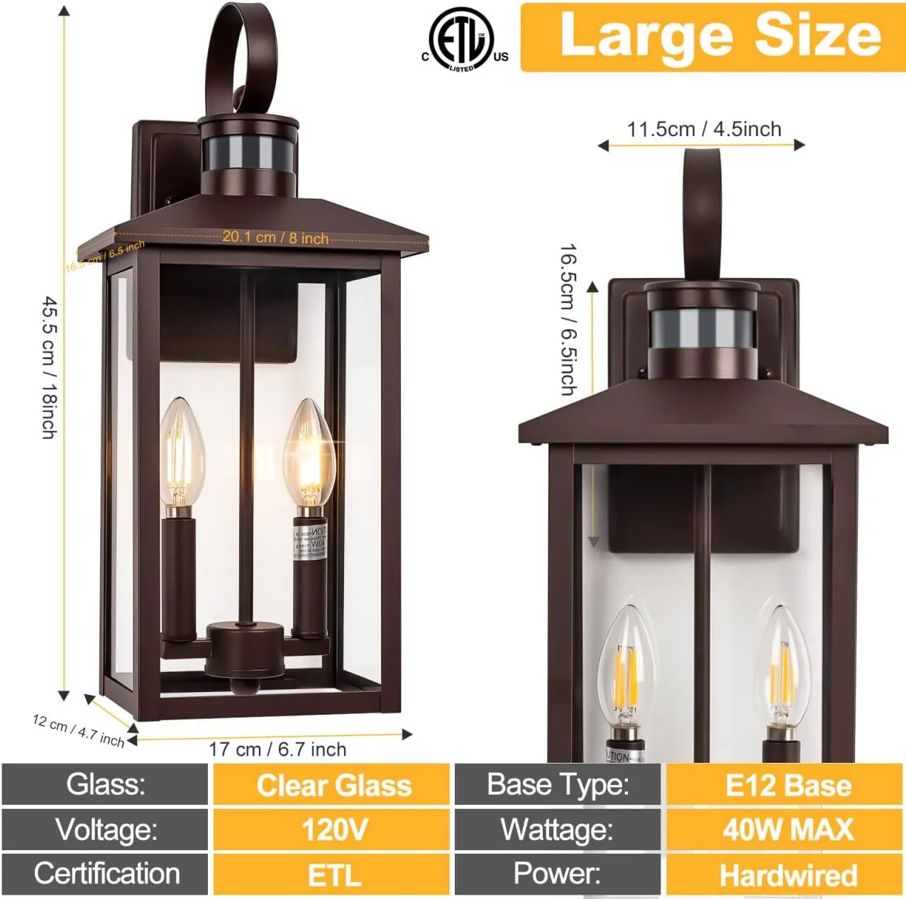 Large Exterior Sconce Motion Sensor, 18" Bronze Dusk to Dawn Exterior Light, 2-Light Brown Outdoor Light Fixture, Aluminum Outdoor Dusk to Dawn Light with E12 Socket for Porch, House, Door, Garage