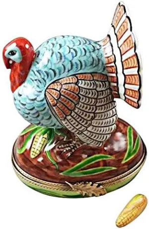 Large Turkey with Removable Ear of Corn - Limoges Box Authentic Porcelain Figurine from France