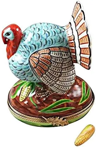 Large Turkey with Removable Ear of Corn - Limoges Box Authentic Porcelain Figurine from France