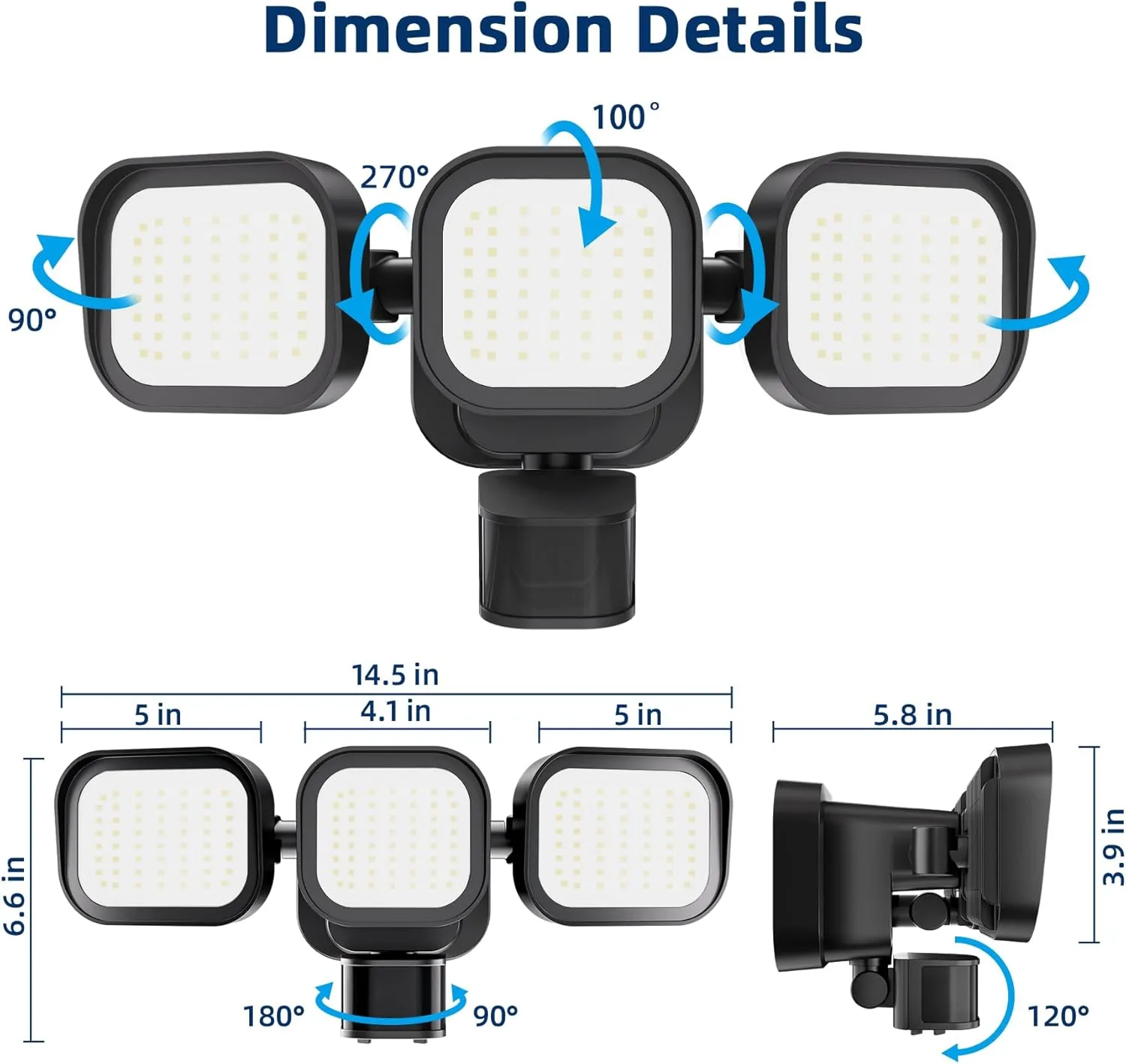 LED Motion Sensor Outdoor Lights, 6500LM, 270° 72FT Detected Range, Dusk to Dawn, 5000K, IP65 Waterproof Flood Lights Outdoor, 3 Head Motion Detector Security Light for Garage,Yard