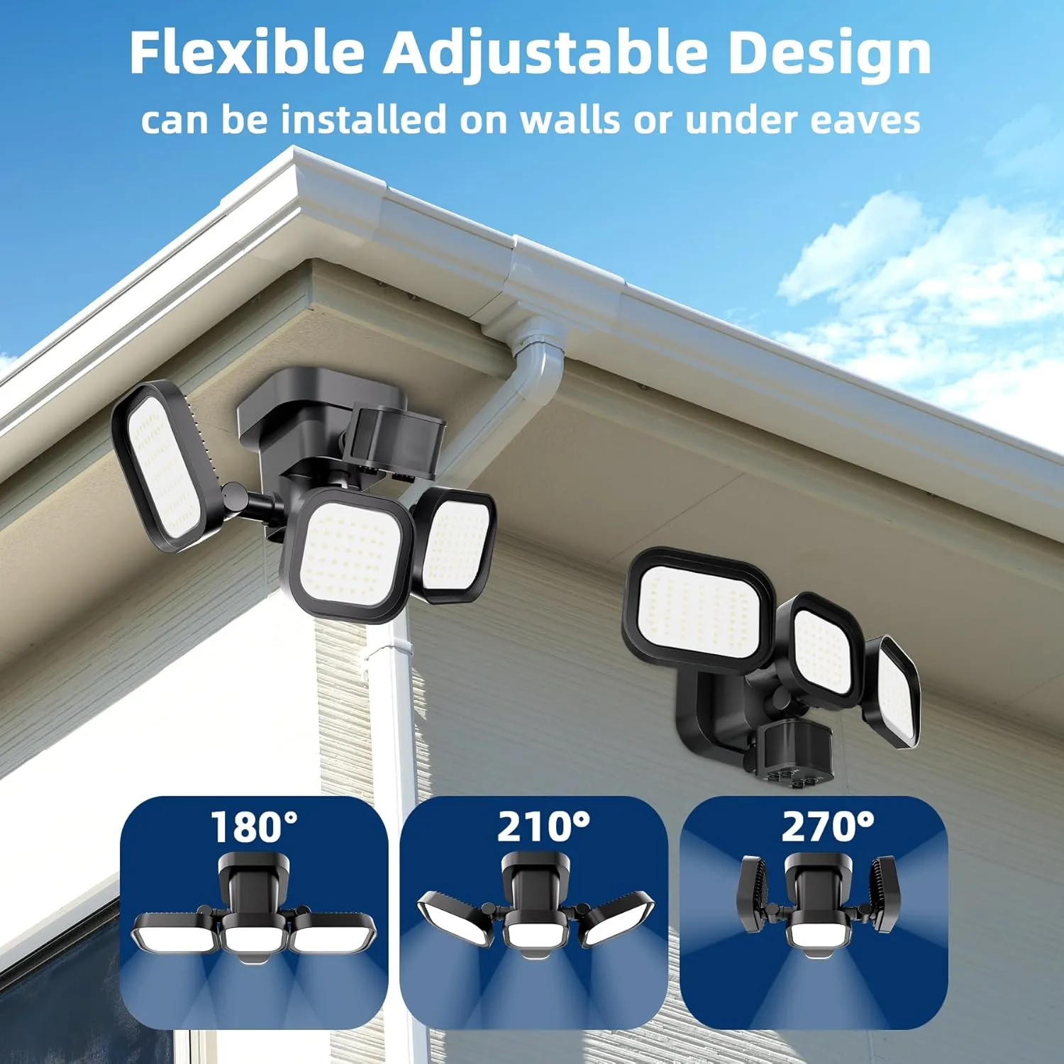 LED Motion Sensor Outdoor Lights, 6500LM, 270° 72FT Detected Range, Dusk to Dawn, 5000K, IP65 Waterproof Flood Lights Outdoor, 3 Head Motion Detector Security Light for Garage,Yard