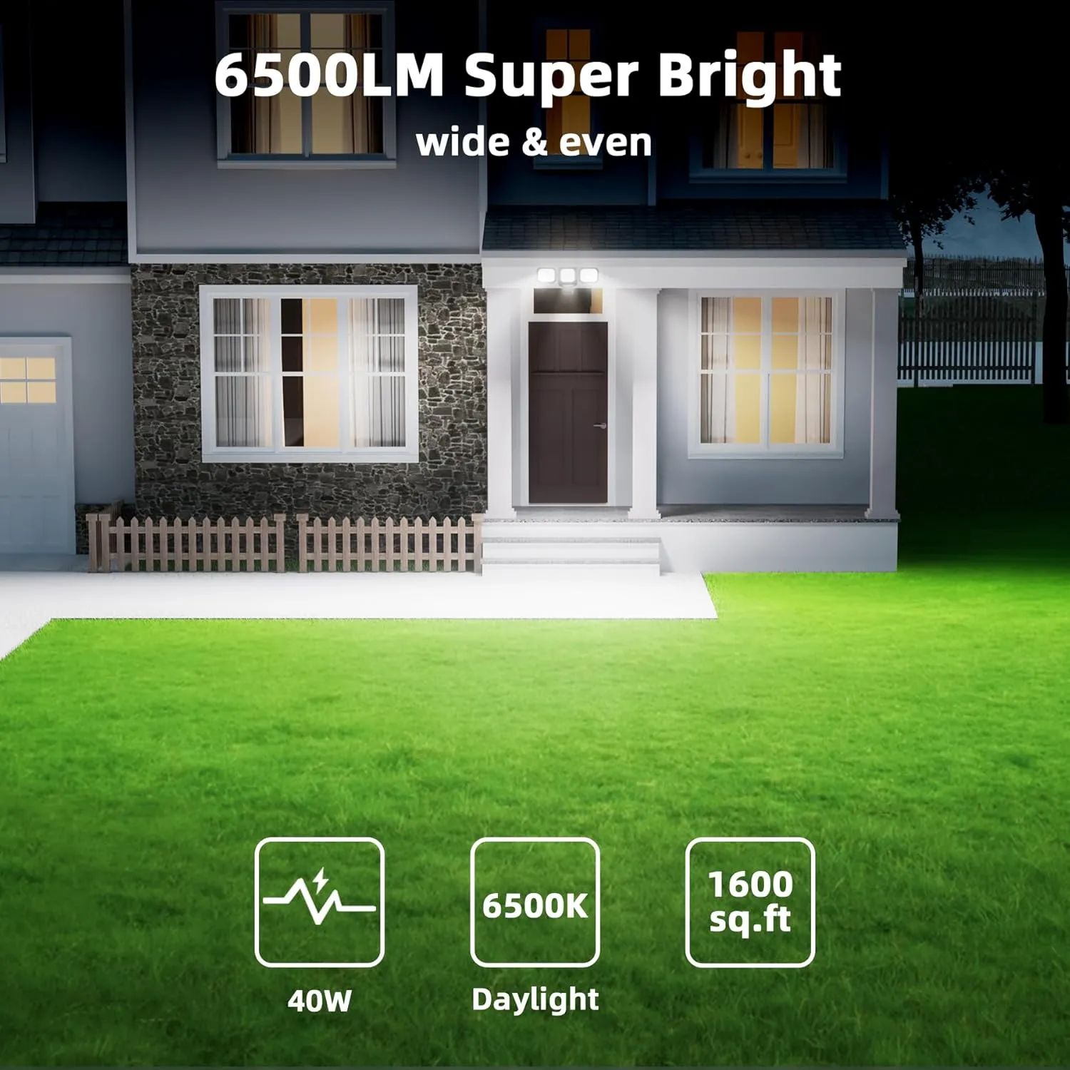 LED Motion Sensor Outdoor Lights, 6500LM, 270° 72FT Detected Range, Dusk to Dawn, 5000K, IP65 Waterproof Flood Lights Outdoor, 3 Head Motion Detector Security Light for Garage,Yard