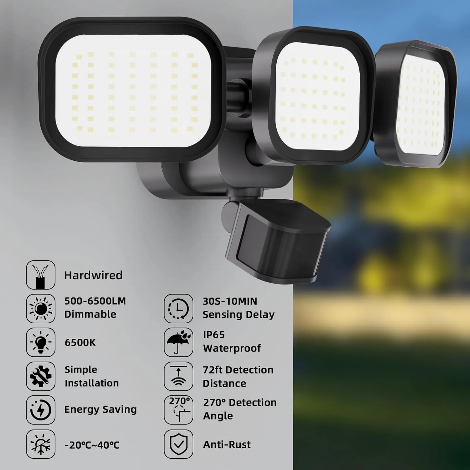 LED Motion Sensor Outdoor Lights, 6500LM, 270° 72FT Detected Range, Dusk to Dawn, 5000K, IP65 Waterproof Flood Lights Outdoor, 3 Head Motion Detector Security Light for Garage,Yard