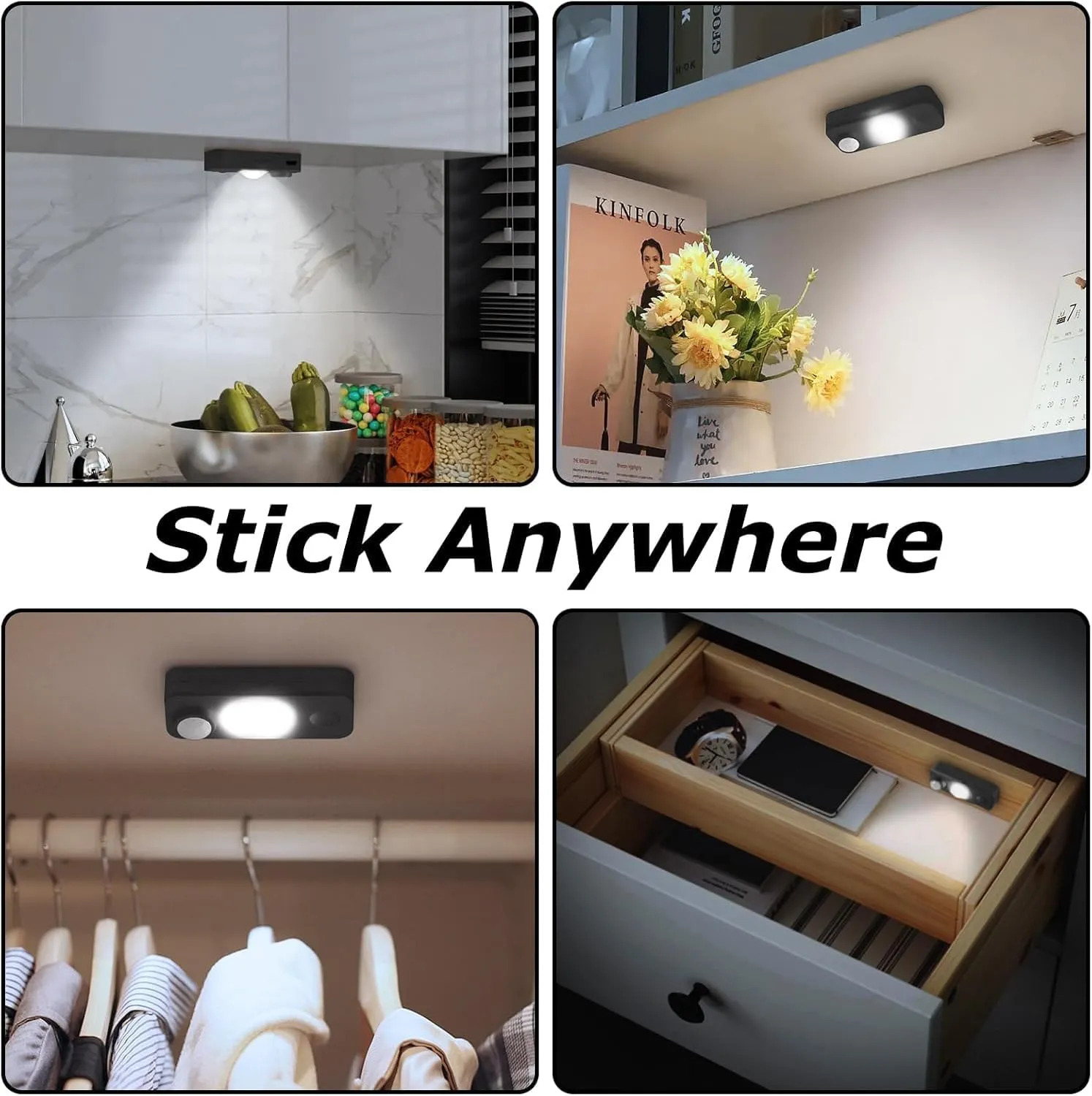 LED Motion Sensor Puck Lights, Rechargeable Cabinet Lights, Stick on Wireless LED Night Light for Closet, Drawer, Shelf, Under Cabinet, Daylight White 8Pack, USB Charging Cord Included