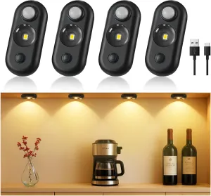 LED Motion Sensor Puck Lights, Small Rechargeable Under Cabinet Light, Dimmable Warm White Closet Lights, Wireless Under Cabinet Lighting for Drawer, Kitchen (4 Pack)