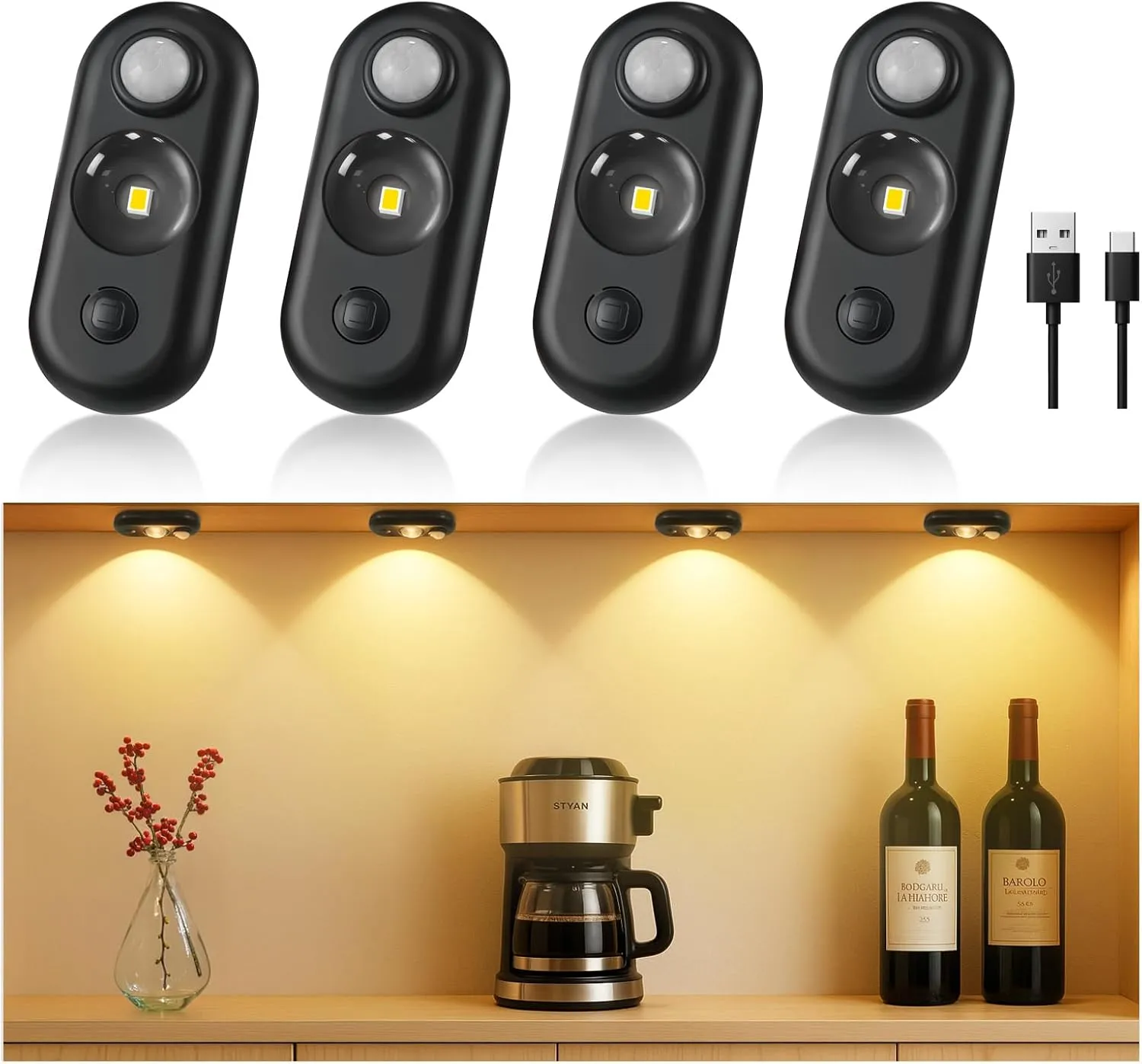 LED Motion Sensor Puck Lights, Small Rechargeable Under Cabinet Light, Dimmable Warm White Closet Lights, Wireless Under Cabinet Lighting for Drawer, Kitchen (4 Pack)