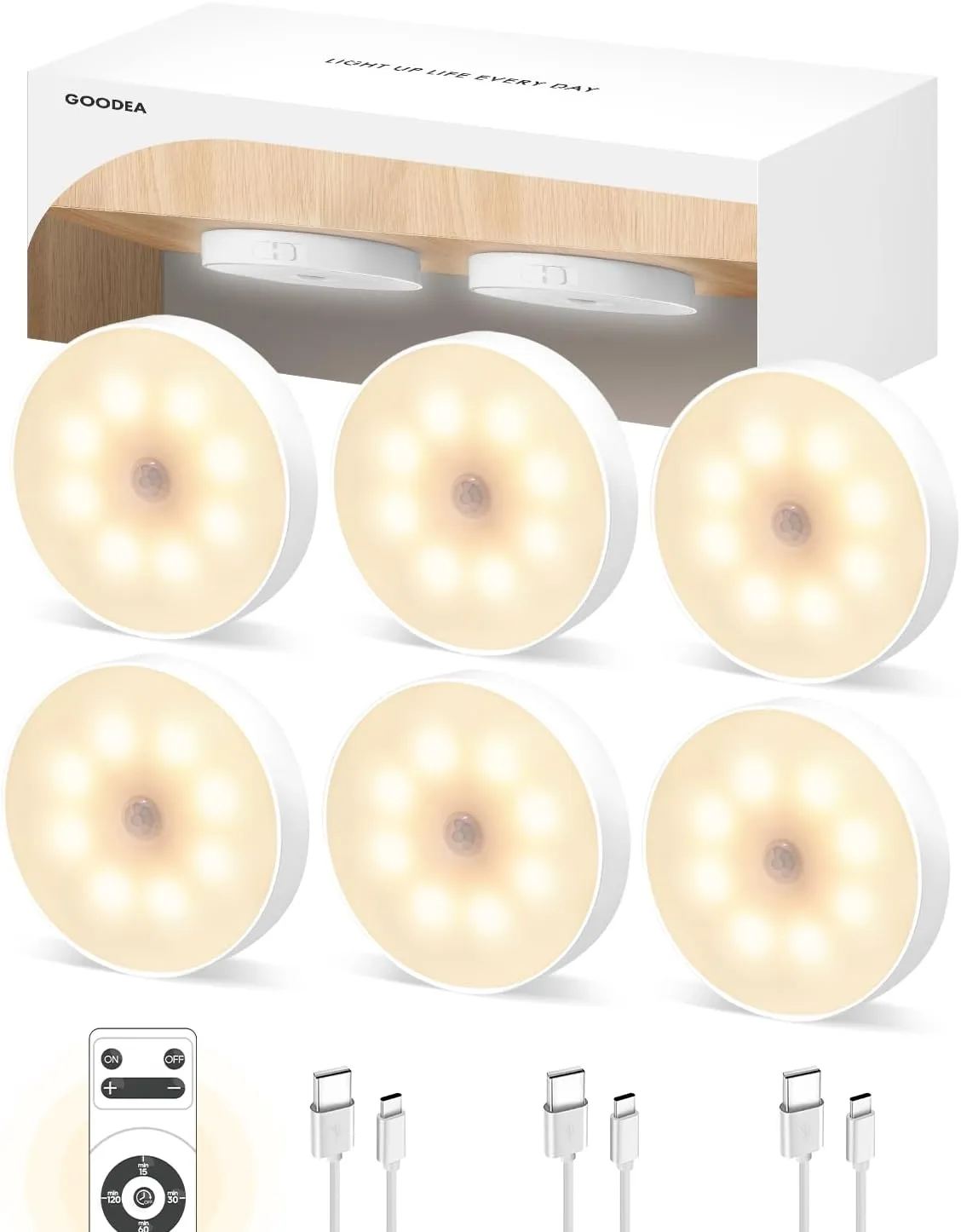 Led Under Cabinet Lights, Wireless Motion Sensor Rechargeable Light, Puck Lights with Remote, 1000mAh Under Counter Lights for Kitchen,cabinets (Warm White 6 Pack)