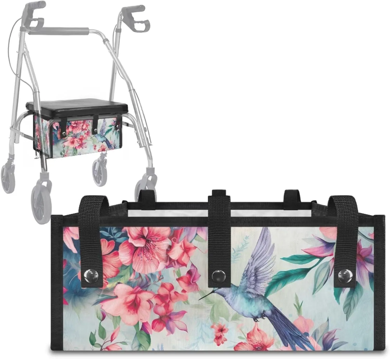 LedBack Mobility Scooter Accessories for 3 Pcs, Hummingbird Pink Flowers Rollator Walker Seat and Backrest Covers Under Seat Rollator Walker Bag for Seniors