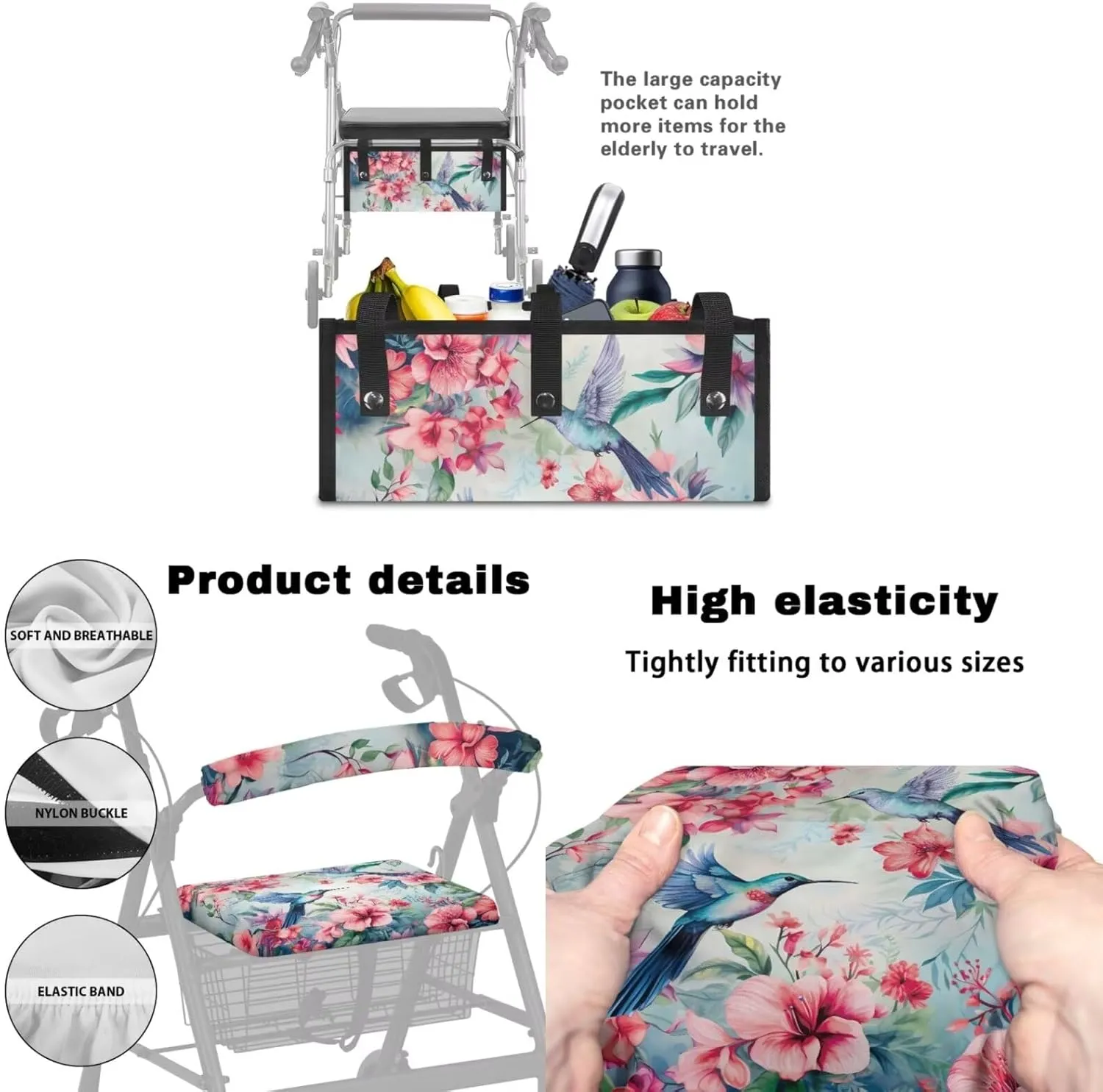 LedBack Mobility Scooter Accessories for 3 Pcs, Hummingbird Pink Flowers Rollator Walker Seat and Backrest Covers Under Seat Rollator Walker Bag for Seniors