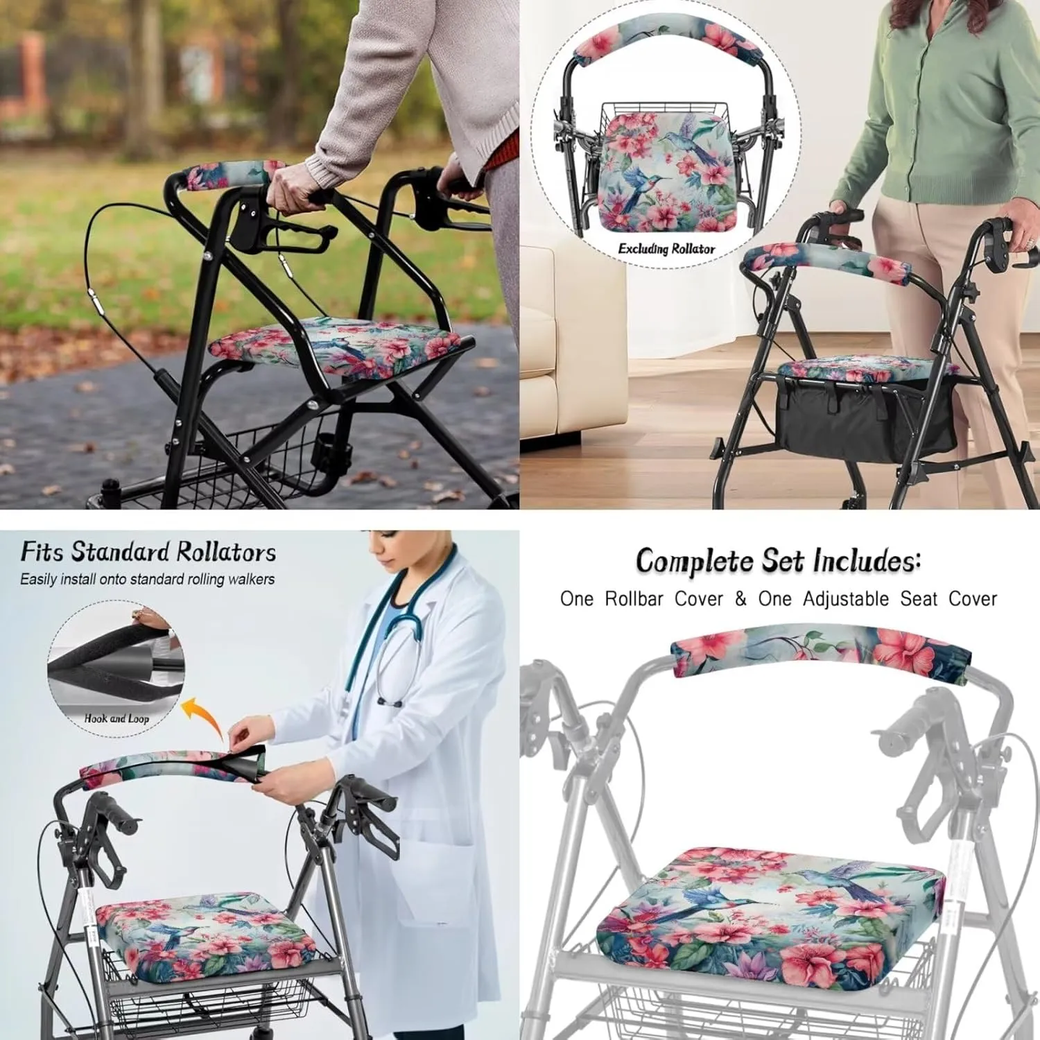 LedBack Mobility Scooter Accessories for 3 Pcs, Hummingbird Pink Flowers Rollator Walker Seat and Backrest Covers Under Seat Rollator Walker Bag for Seniors