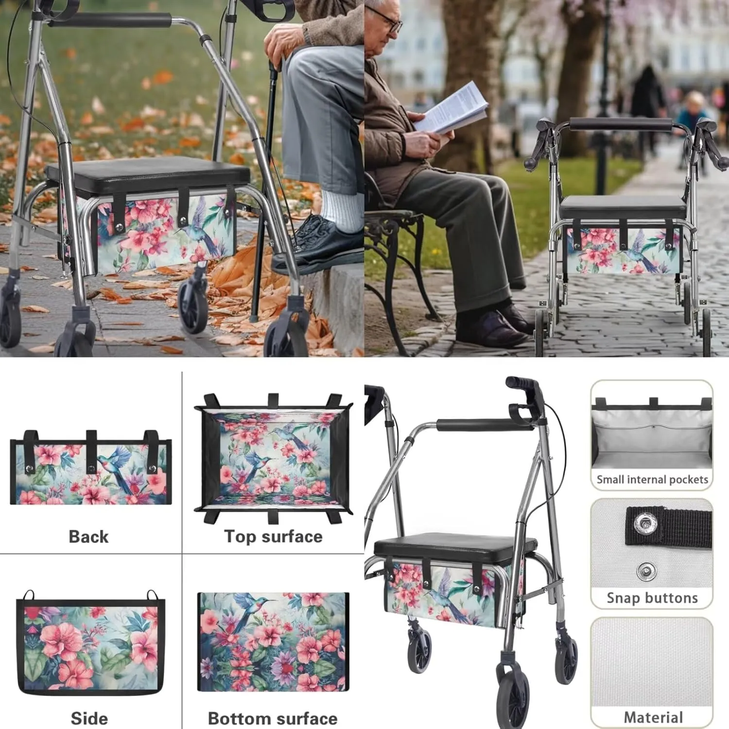 LedBack Mobility Scooter Accessories for 3 Pcs, Hummingbird Pink Flowers Rollator Walker Seat and Backrest Covers Under Seat Rollator Walker Bag for Seniors