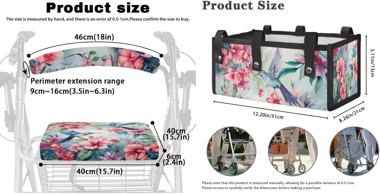 LedBack Mobility Scooter Accessories for 3 Pcs, Hummingbird Pink Flowers Rollator Walker Seat and Backrest Covers Under Seat Rollator Walker Bag for Seniors