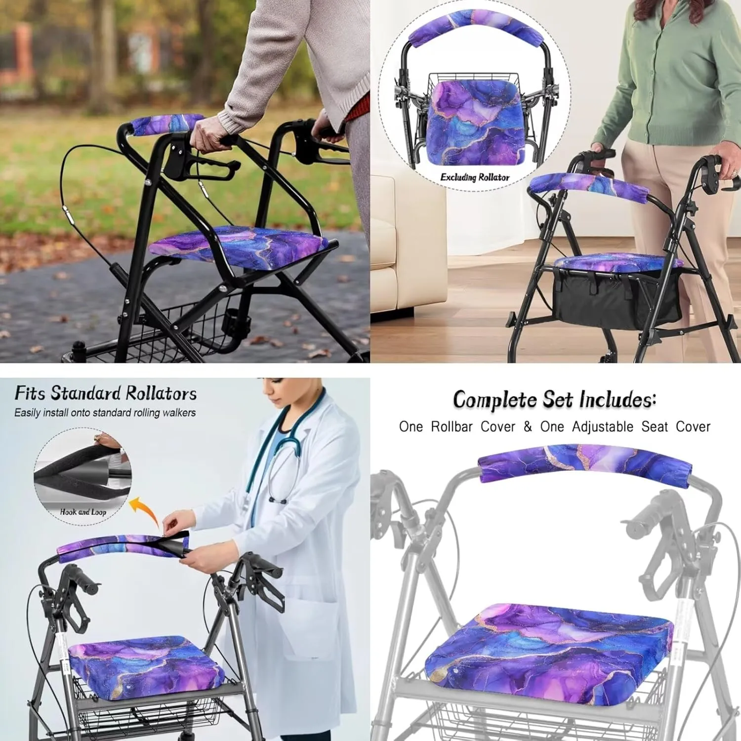 LedBack Walker Accessories Sets Wheelchair Bag for Seniors Rollator Walker Rollator Covers Purple Marble Print Walker Seat and Backrest Covers, Easy to Install