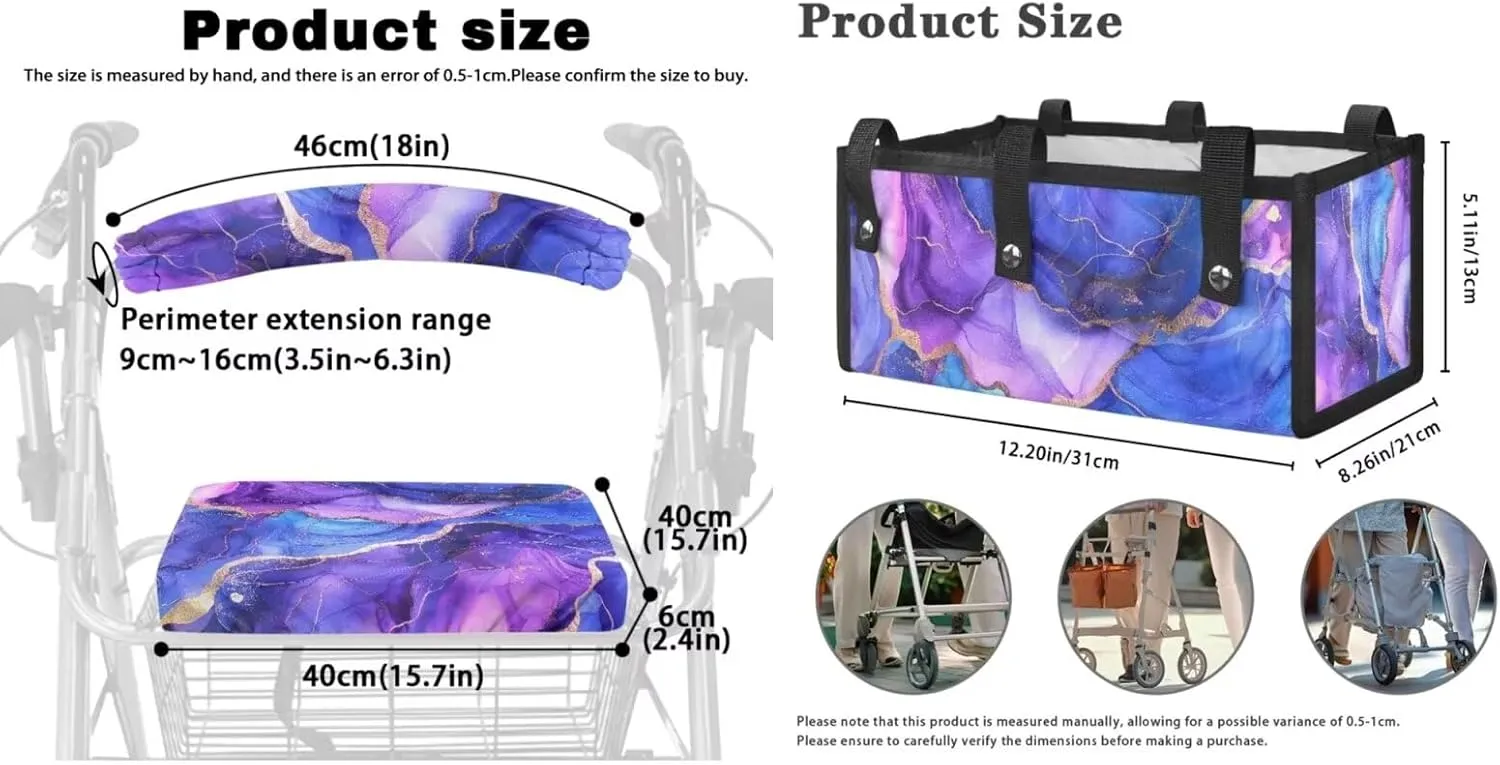 LedBack Walker Accessories Sets Wheelchair Bag for Seniors Rollator Walker Rollator Covers Purple Marble Print Walker Seat and Backrest Covers, Easy to Install