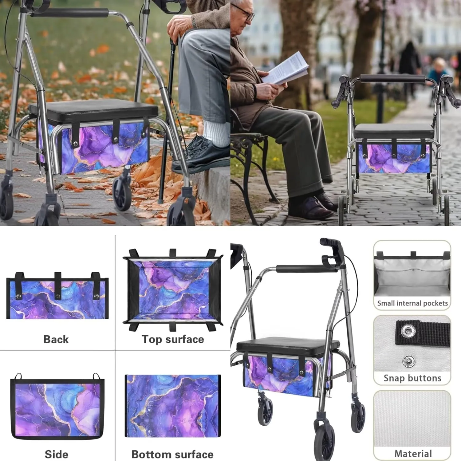 LedBack Walker Accessories Sets Wheelchair Bag for Seniors Rollator Walker Rollator Covers Purple Marble Print Walker Seat and Backrest Covers, Easy to Install