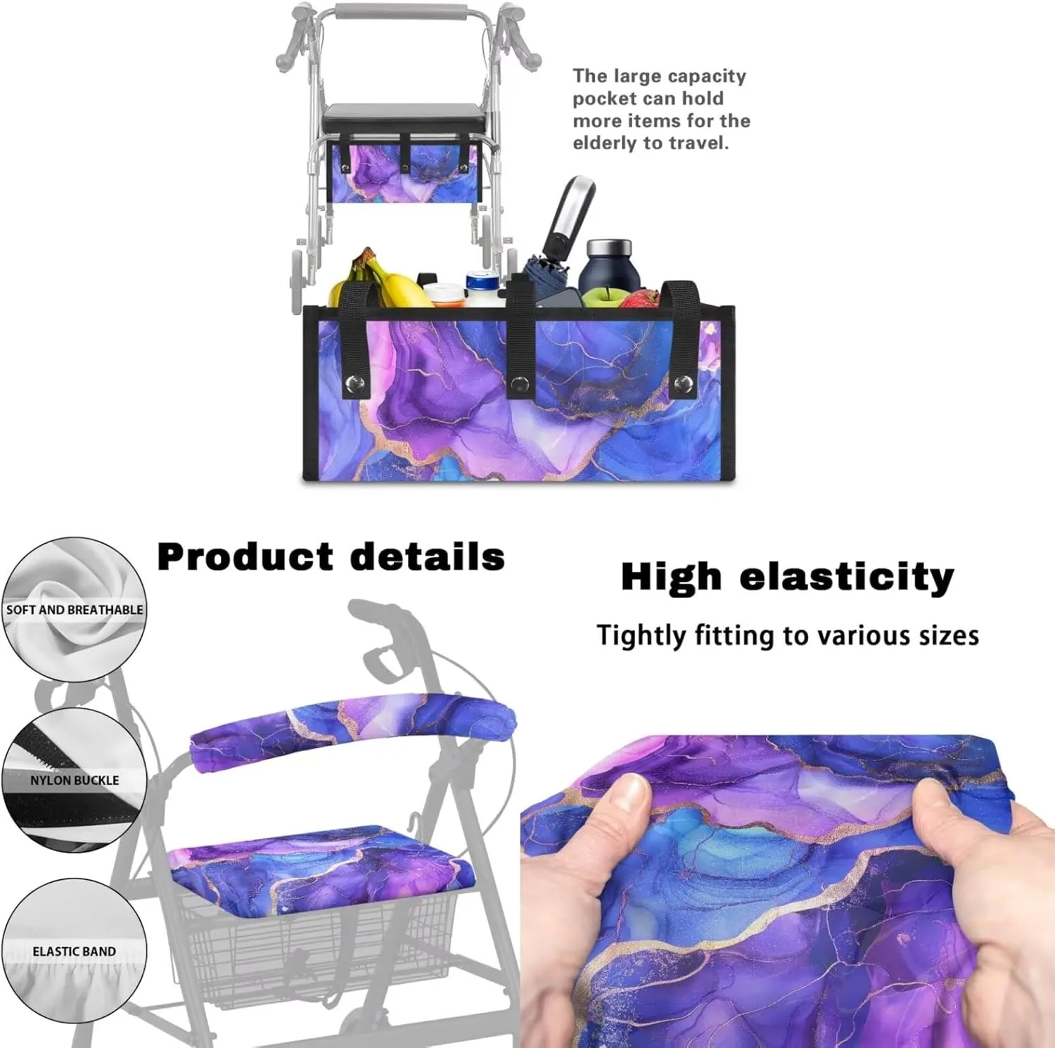 LedBack Walker Accessories Sets Wheelchair Bag for Seniors Rollator Walker Rollator Covers Purple Marble Print Walker Seat and Backrest Covers, Easy to Install