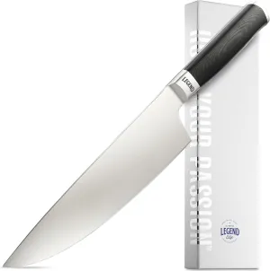 LEGEND COOKWARE Premium 8” German Steel Chef Knife - Professional Kitchen Knives - Sharp, Full Tang Stainless Steel w/Black G10 Handle - All Purpose Cooking Chef’s Knife - Gift Packaging w/Sheath