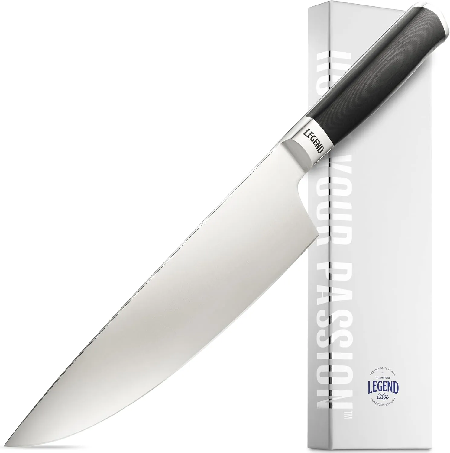 LEGEND COOKWARE Premium 8” German Steel Chef Knife - Professional Kitchen Knives - Sharp, Full Tang Stainless Steel w/Black G10 Handle - All Purpose Cooking Chef’s Knife - Gift Packaging w/Sheath