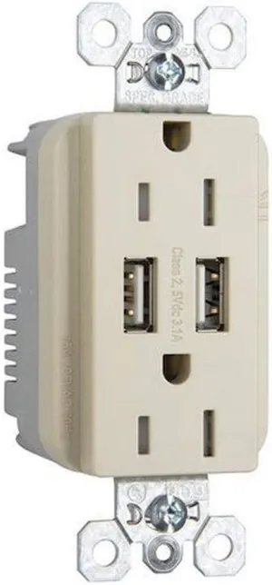 Legrand Pass & Seymour Radiant 15 Amp Fed Spec-Grade Wall Power Outlet with 3.1 Amp USB A/A Charger, Ivory