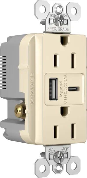 Legrand Pass & Seymour Radiant 15 Amp Wall Power Outlet with 3.1 Amp USB Charger, Light Almond