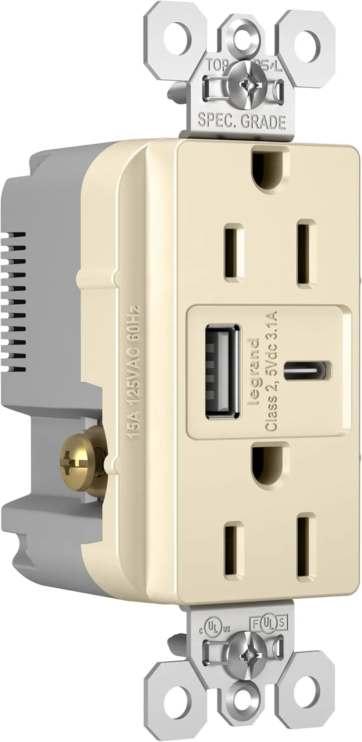 Legrand Pass & Seymour Radiant 15 Amp Wall Power Outlet with 3.1 Amp USB Charger, Light Almond