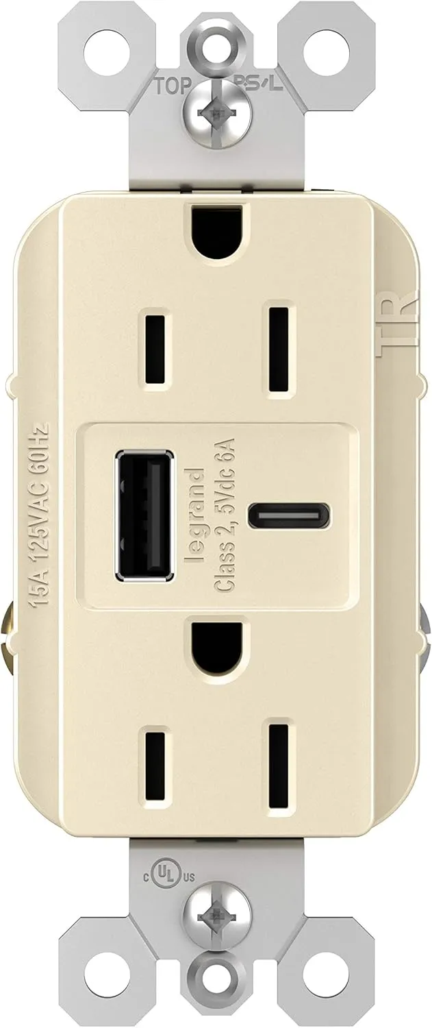 Legrand radiant R26USBAC6LA 15 Amp Tamper-Resistant Decorator Duplex Receptacle Outlet with Ultra Fast USB A/C 6.0A Charging Ports, Light Almond (1 Count)