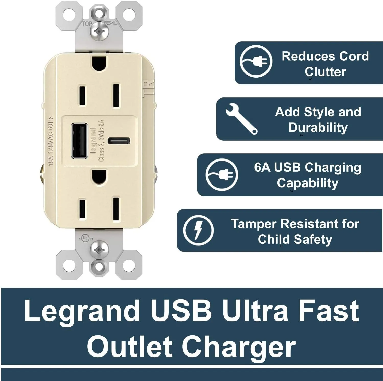 Legrand radiant R26USBAC6LA 15 Amp Tamper-Resistant Decorator Duplex Receptacle Outlet with Ultra Fast USB A/C 6.0A Charging Ports, Light Almond (1 Count)