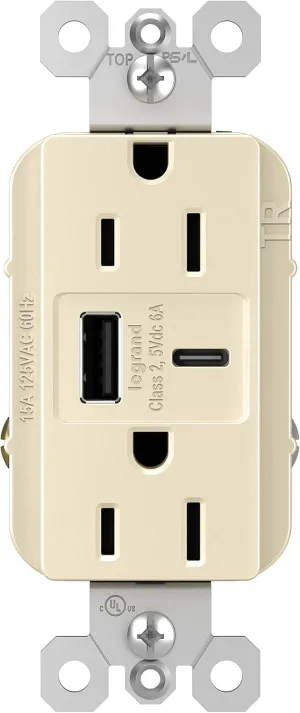 Legrand radiant R26USBAC6LA 15 Amp Tamper-Resistant Decorator Duplex Receptacle Outlet with Ultra Fast USB A/C 6.0A Charging Ports, Light Almond (1 Count)