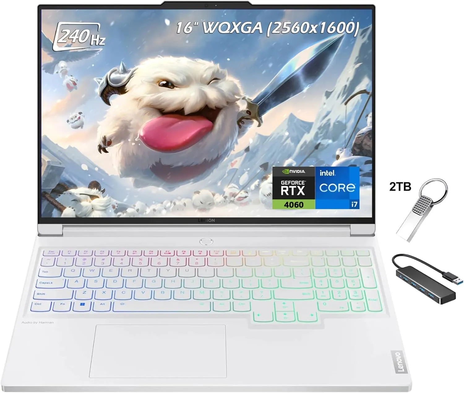 Lenovo Legion 7i Gaming Laptop, 16" LCD IPS WQXGA 240Hz, Intel Core i7-14700HX, GeForce RTX 4060, 64GB DDR5 RAM 4TB SSD, Wi-Fi6E, Backlit KB, Win11, Glacier White, 2TB Flash Drive & USB Hub, W/GaLiMu