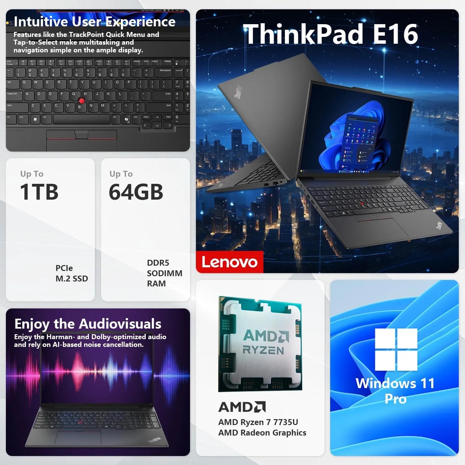 Lenovo ThinkPad E16 Gen 2 Business Laptop, 16" FHD  Display, AMD Ryzen 7 7735U, 32GB DDR5 RAM, 1TB SSD, Fingerprint, Backlit, Wi-Fi 6, Windows 11 Pro, Bundle with Targus USB-C 100W Docking Station