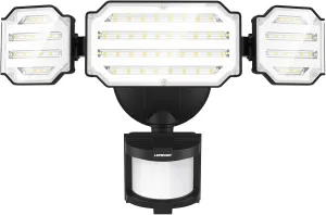 LEPOWER Motion Sensor Outdoor Lights, 48W 5200LM LED Security Lights, IP65 Waterproof, 5000K Flood Lights Outdoor with 3 Head Motion Detector for Outside Garage, Yard, Porch(Black)