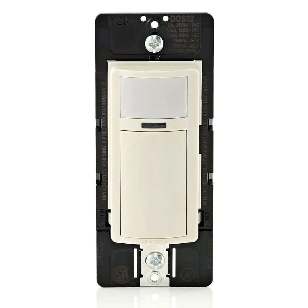 Leviton DOS02-1LT Motion Sensor Light Switch, Motion Activated, Auto-On/Auto-Off or Manual-On, 2A, No Neutral Wire Required, Single Pole, Light Almond