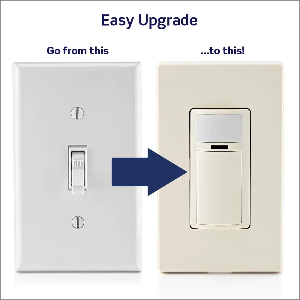 Leviton DOS02-1LT Motion Sensor Light Switch, Motion Activated, Auto-On/Auto-Off or Manual-On, 2A, No Neutral Wire Required, Single Pole, Light Almond