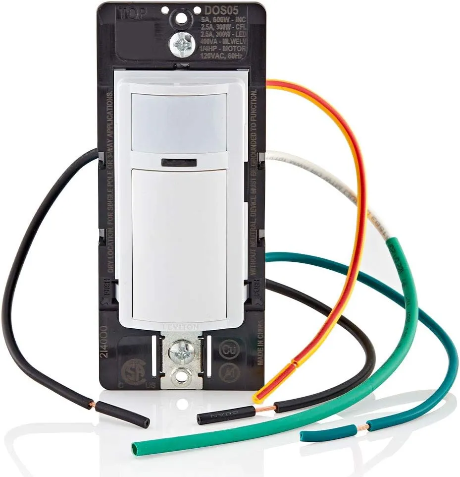 Leviton DOS05-1LZ Motion Sensor Light Switch, Motion Activated, Auto-On/Auto-Off or Manual-On, 5A, No Neutral Wire Required, Single Pole or 3-Way, White/Ivory/Light Almond