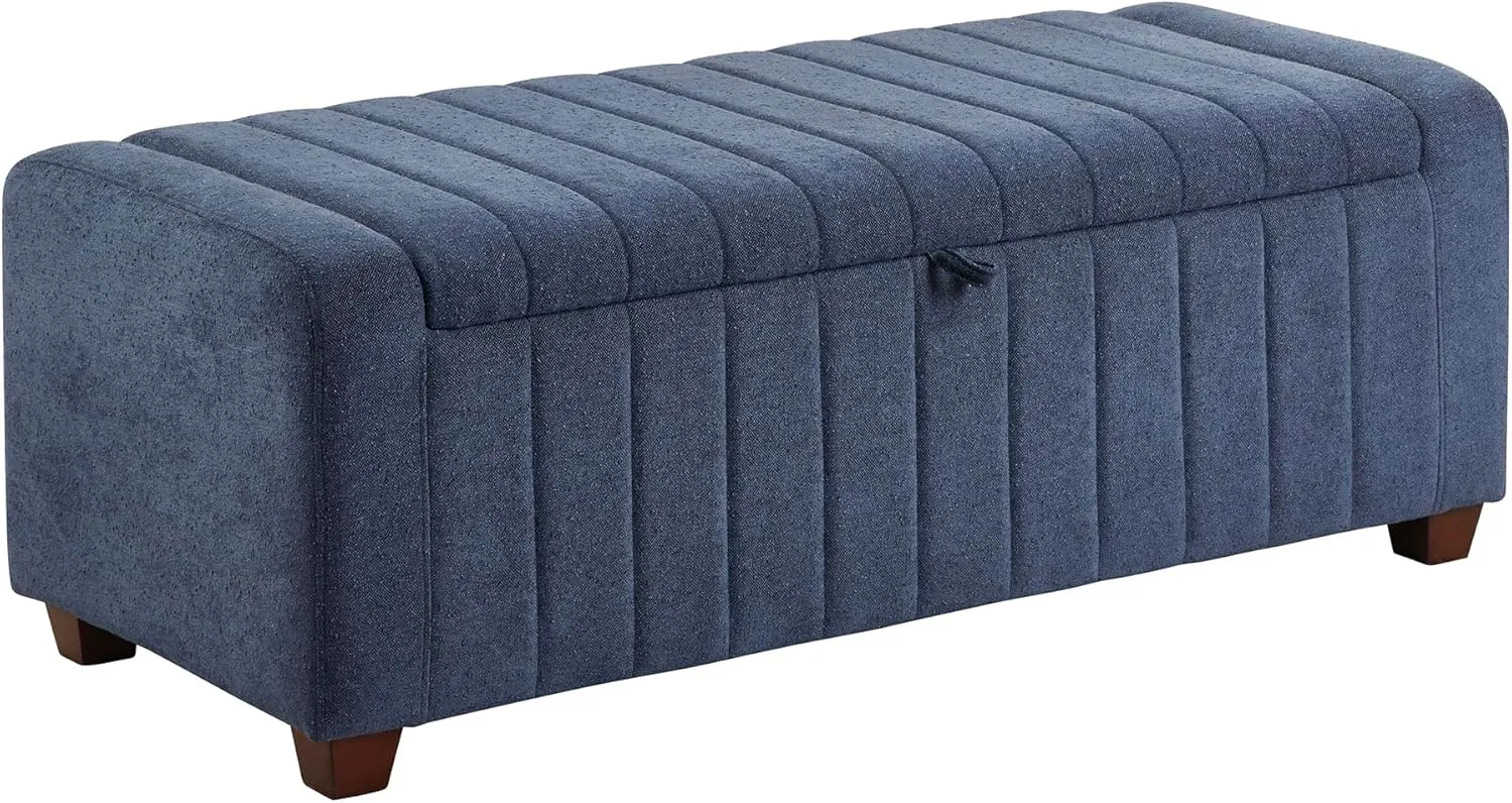 Lexicon Storage Bench, Modern Striped Boucle Upholstered Entryway Bench with Solid Wood Leg Support, Storage Chest for Entryway/Living Room/Bedroom, Blue