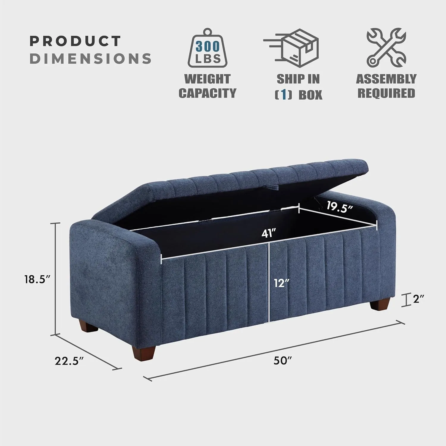 Lexicon Storage Bench, Modern Striped Boucle Upholstered Entryway Bench with Solid Wood Leg Support, Storage Chest for Entryway/Living Room/Bedroom, Blue