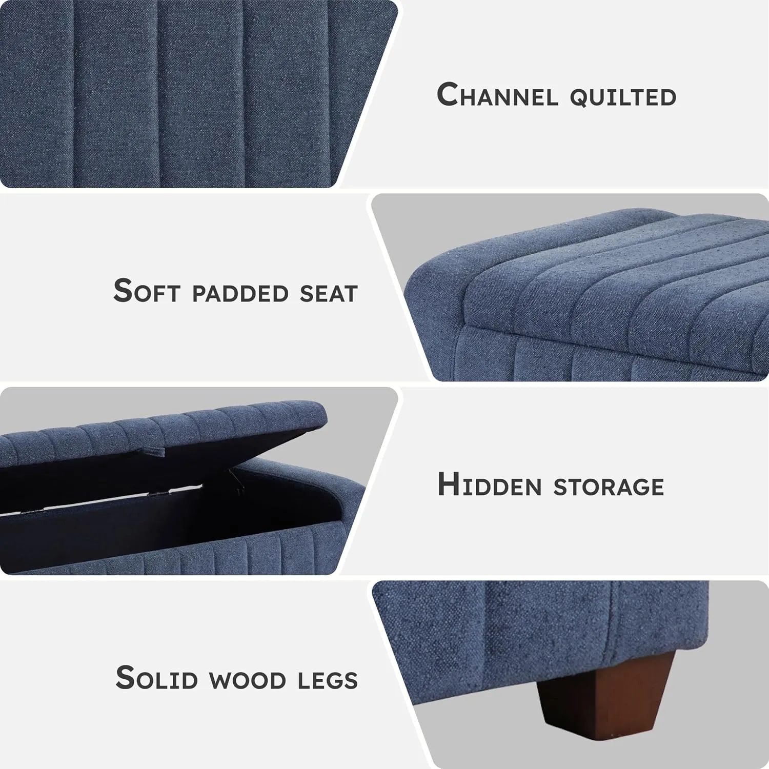 Lexicon Storage Bench, Modern Striped Boucle Upholstered Entryway Bench with Solid Wood Leg Support, Storage Chest for Entryway/Living Room/Bedroom, Blue