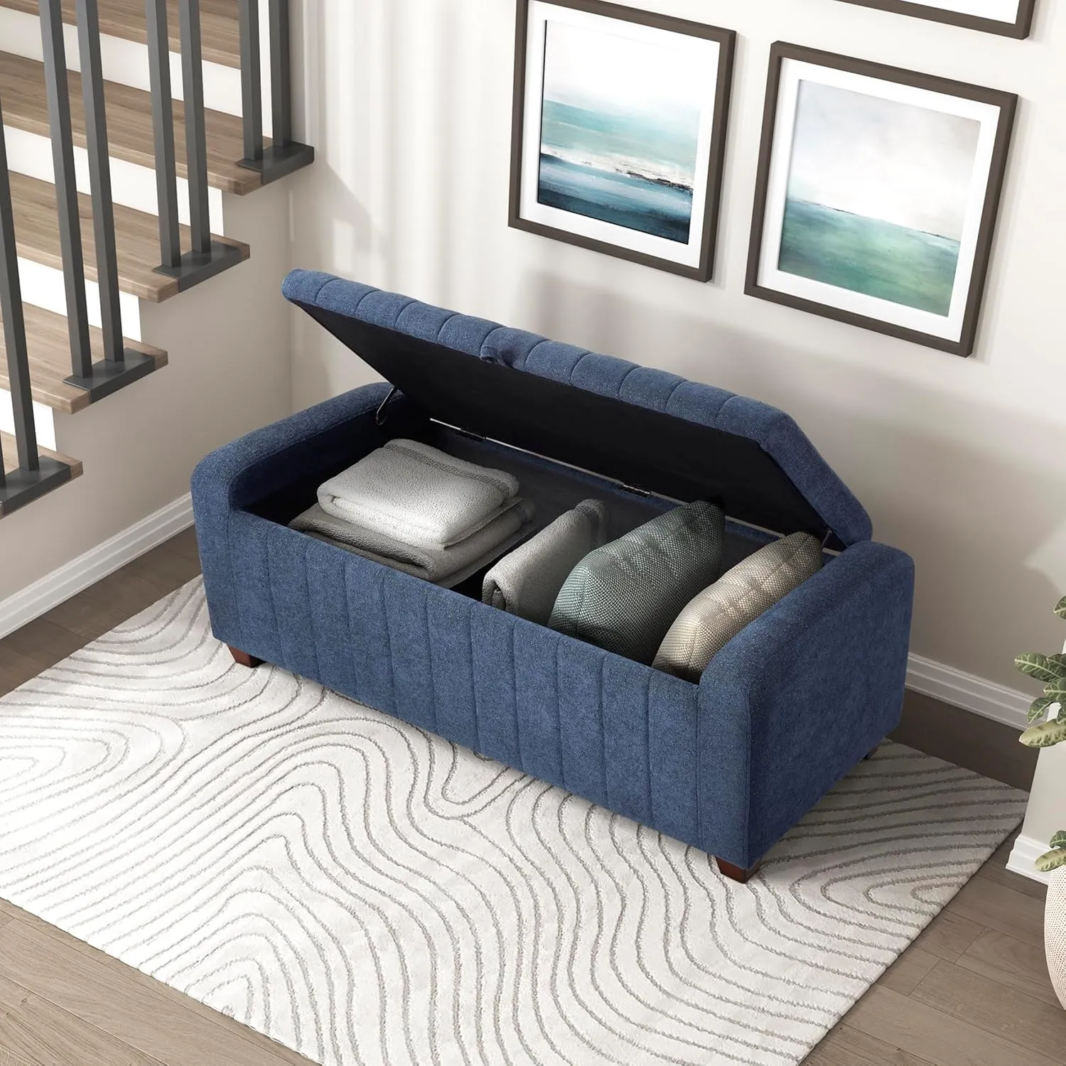 Lexicon Storage Bench, Modern Striped Boucle Upholstered Entryway Bench with Solid Wood Leg Support, Storage Chest for Entryway/Living Room/Bedroom, Blue