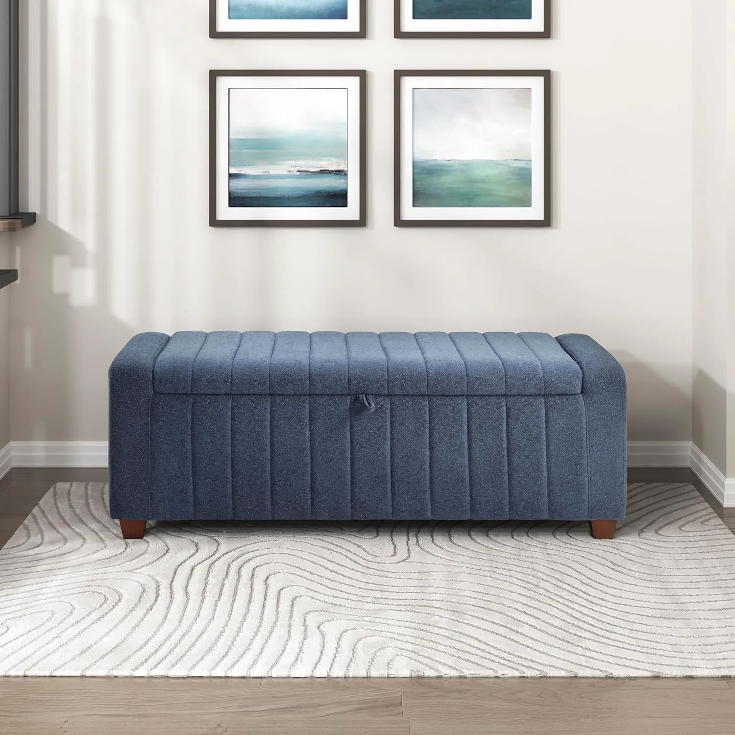 Lexicon Storage Bench, Modern Striped Boucle Upholstered Entryway Bench with Solid Wood Leg Support, Storage Chest for Entryway/Living Room/Bedroom, Blue
