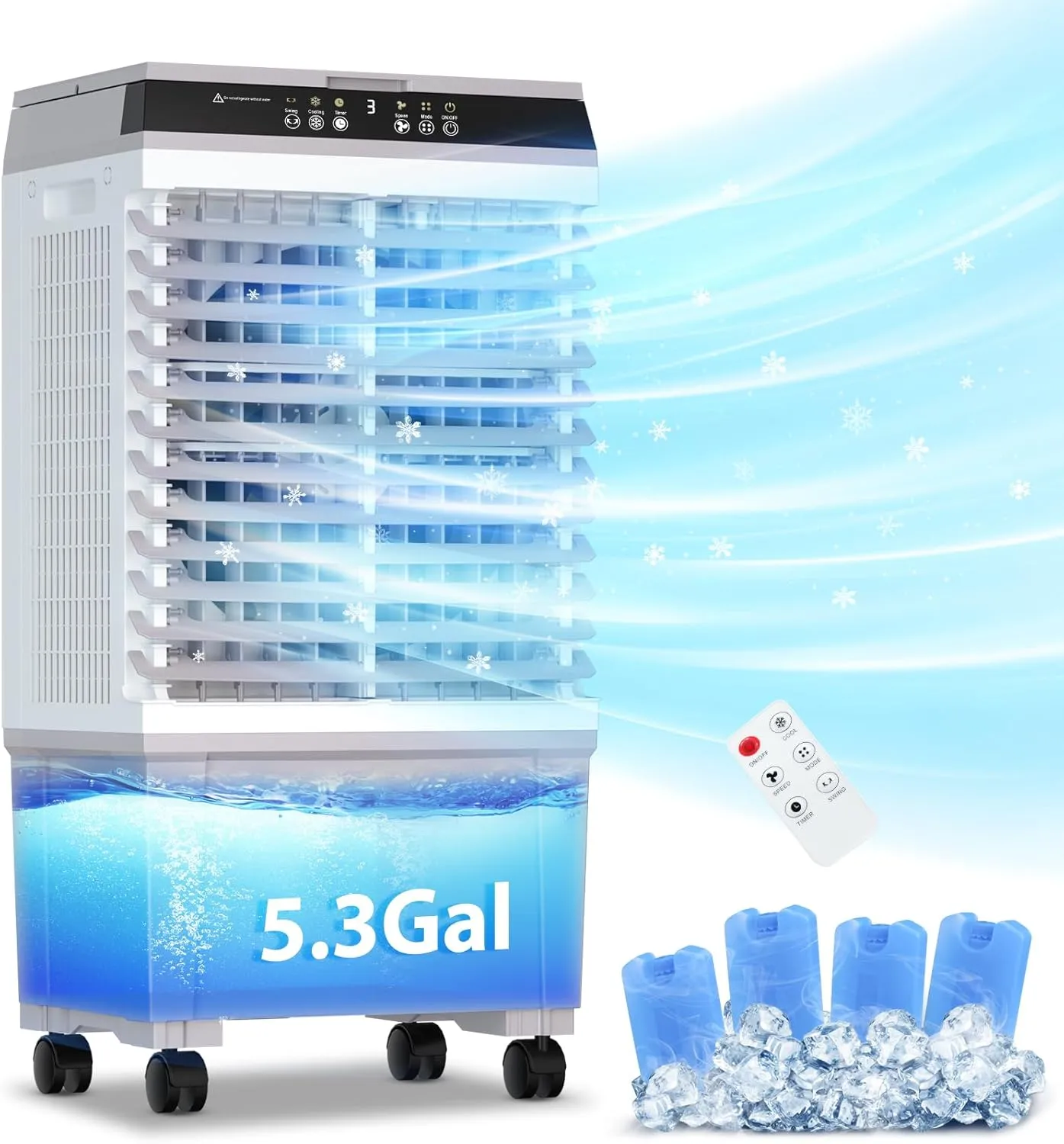 LifePlus Evaporative Air Cooler 1800CFM Cooling Fan Tower Fan Swamp Cooler with Remote Control, 3 Speed Wind 5.3 Gallon Water Tank 4 Ice Boxes 12H Timer for Room Commercial Office