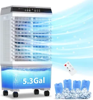 LifePlus Evaporative Air Cooler 1800CFM Cooling Fan Tower Fan Swamp Cooler with Remote Control, 3 Speed Wind 5.3 Gallon Water Tank 4 Ice Boxes 12H Timer for Room Commercial Office