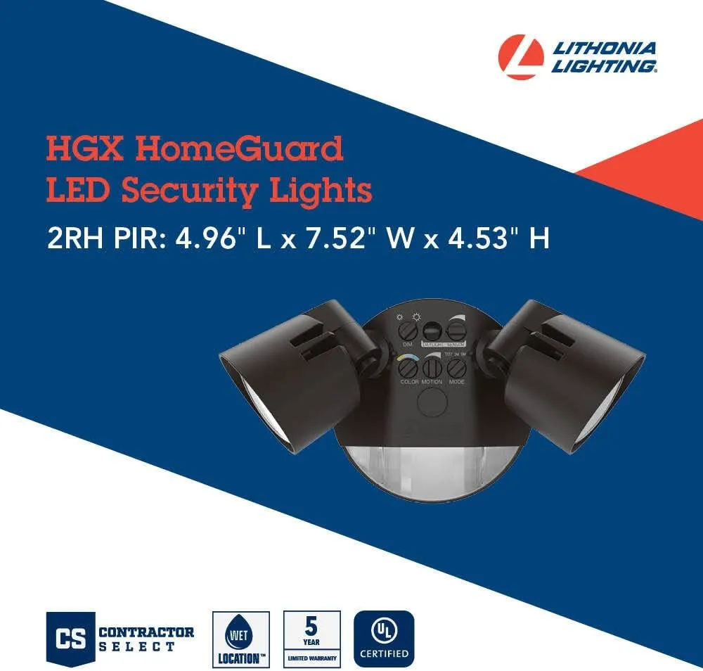 Lithonia Lighting HomeGuard 2-Light LED Outdoor Flood Lights, Motion Sensor Outdoor Lights with Dusk to Dawn, Adjustable Lumens and Color, Round Heads, Dark Bronze (HGX LED 2RH ALO SWW2 120 PIR DDB)