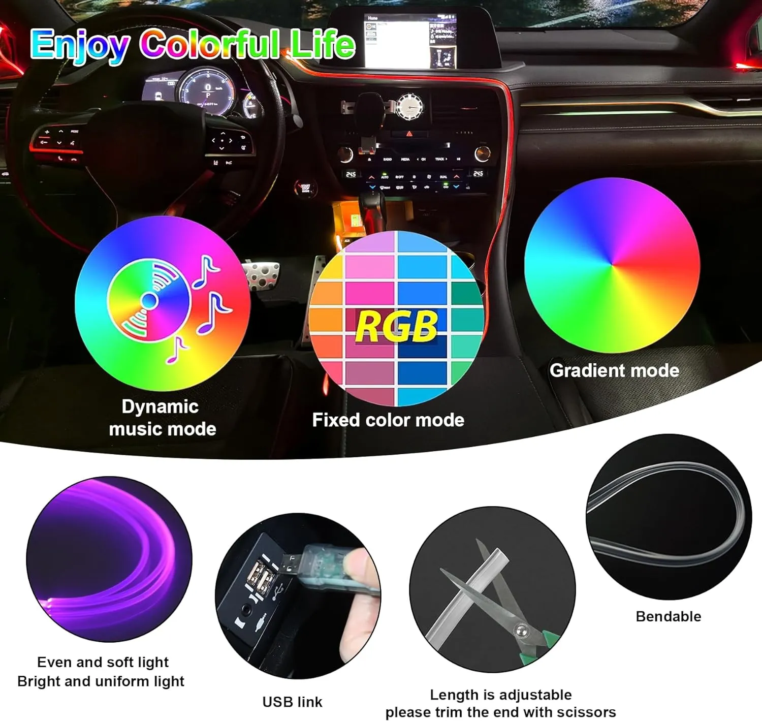 LivTee Smart LED Car Lights Interior with USB Port, LED Strip Fiber Optic Ambient Lighting Car, Wireless App Control, Sync to Music, Car Decorations Interior Accessories Gifts for Women Men, 5 in 1